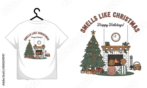 Cozy christmas scene with children by the fireplace and decorated tree smells like holidays