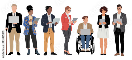 Diverse group of professionals using laptops and tablets, including inclusive workplace representation. Flat vector illustration isolated on transparent background.