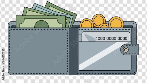 A grey wallet filled with cash coins and a credit card for financial concepts