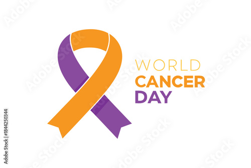 A visual representation of world cancer day featuring a ribbon in shades of purple and orange alongside the text