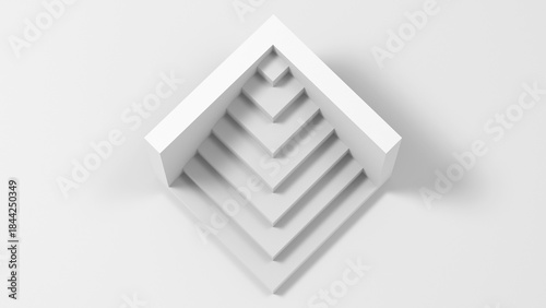 A sleek, white installation of stacked nested squares forming a pyramid. 3d render