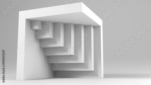 Monochrome minimalist composition featuring a white cube frame and layered staircase