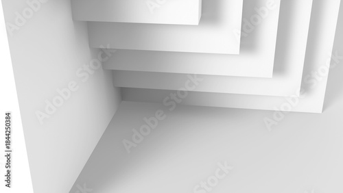 Abstract minimal architectural background, corner of white wall and stairs installation. 3d render illustration