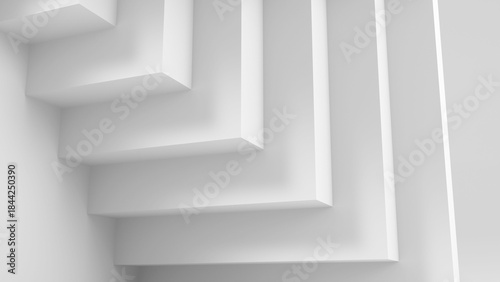 A clean, monochrome composition featuring layered white stairs, 3d render