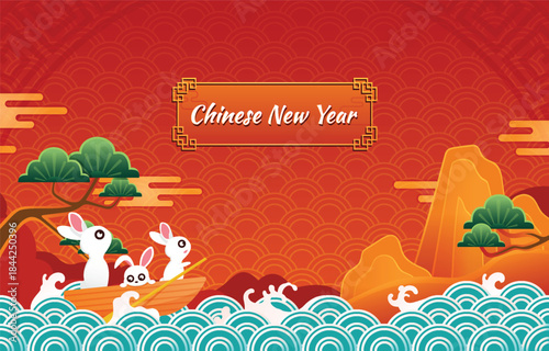 Celebrating chinese new year with rabbit family. Happy New Year