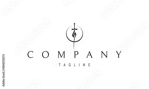 A vector logo design featuring an abstract image a sword shaped like the letter S placed against a moon silhouette in a minimal heroic style.