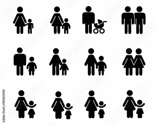 Simple black stick figure icons depicting families and people together