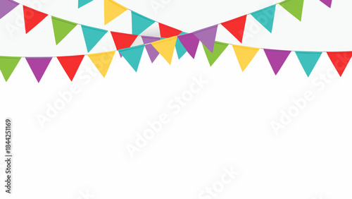 Colorful party bunting flags hanging against a plain white background