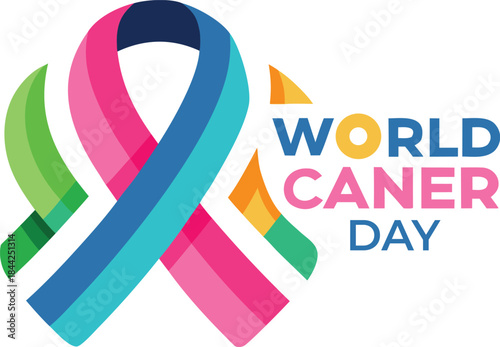A vibrant colorful ribbon symbolizing world cancer day awareness accompanied by the event s name in bold text promoting hope and support