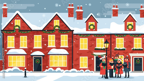 Joyful Christmas carolers bring festive holiday cheer to a charming snowy winter village, singing harmonious songs in front of warmly lit, decorated houses