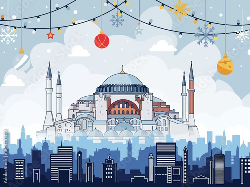 Enchanting natal holiday illustration of a magnificent historic landmark gracing a festive winter cityscape, illuminated by shimmering decorations and joyful seasonal cheer