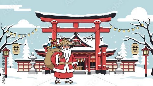 Santa Claus in traditional Japanese shrine for a unique natal celebration and winter festival atmosphere