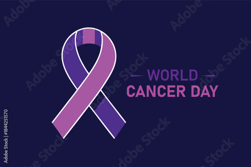 A purple ribbon symbolizing world cancer day is prominently displayed against a dark navy background representing hope and awareness