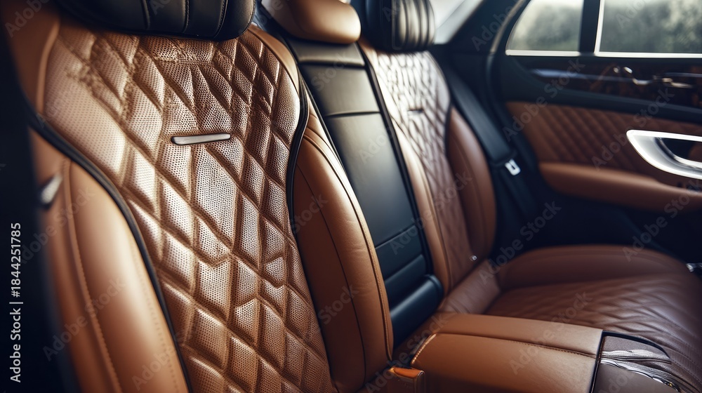 Naklejka premium Luxury Car Interior with Quilted Leather Seats in Modern Vehicle, Highlighting Comfort and Design Aesthetic for Premium Automotive Experiences