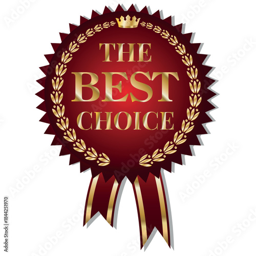 Vector logo with text is the best. Red and gold label icon with ribbon. A golden crown with diamonds.
Gold medal with red ribbon and gilding.  