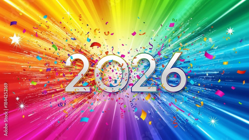 Happy New Year 2026 celebration with colorful confetti explosion bright abstract background for festive greetings and event promotion