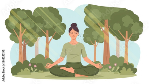 Woman meditating in lotus pose outdoors practicing yoga in a peaceful forest setting promoting wellness and mindfulness