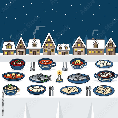 Cozy natal holiday dinner illustration featuring a charming snow-covered village backdrop at night and a bountiful spread of traditional festive cuisine for celebration