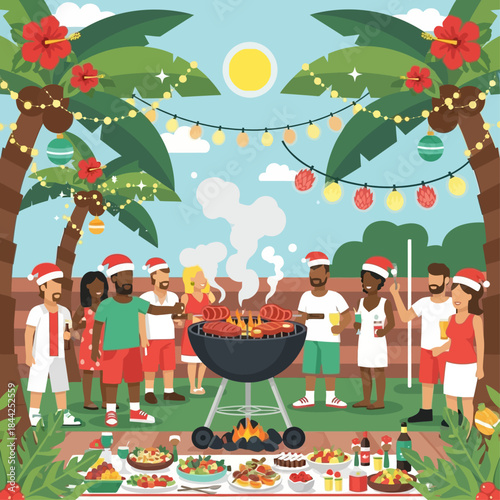 A vibrant illustration of a tropical natal celebration with diverse friends enjoying an outdoor barbecue feast, adorned with festive lights and palm trees, creating a joyful holiday atmosphere