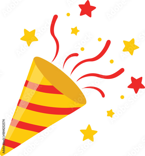 A cheerful party popper bursts with colorful stars and ribbons celebrating joy high quality