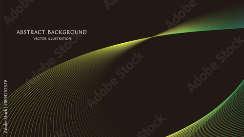 テキストスペースのある黒の背景に青と緑グラデーションの抽象的な曲線の背景素材。16:9サイズのベクターイラスト