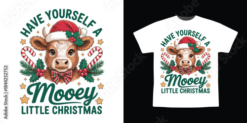Cute Christmas Cow T-shirt Design with Santa Hat and Candy Canes