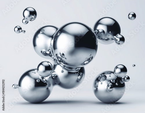Blue abstract background with glass spheres and round water bubbles reflecting bright light