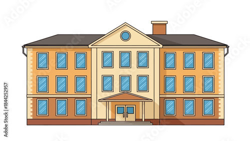 Stylized cartoon illustration of a classic institutional building with multiple floors and windows
