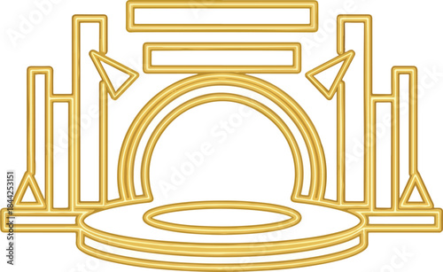 Stylized golden outline drawing of a stage or pedestal with arches and rectangular frames