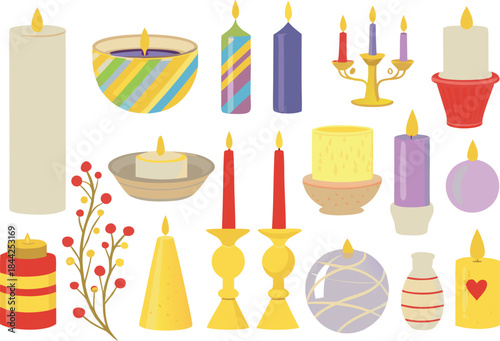 a colorful collection of various lit candles and decorative elements displayed together high quality