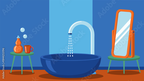 A bathroom scene with a blue basin, running water from a faucet, a mirror, and a small table with a bottle and cup.