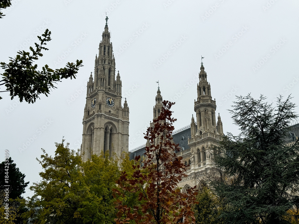 Obraz premium Vienna City Hall (Wiener Rathaus) in Autumn – Historic Gothic Revival Landmark 