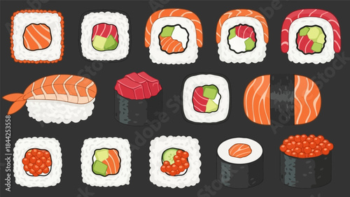 Vibrant Assortment of Delicious Sushi Rolls and Nigiri Illustrated Art