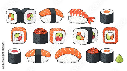 Vibrant Assortment of Popular Japanese Sushi and Rolls Illustration