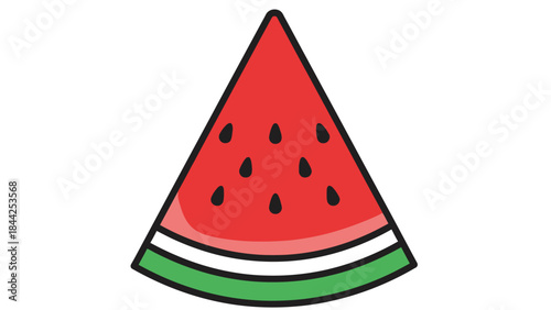 Vibrant triangular slice of watermelon with dark seeds and green rind