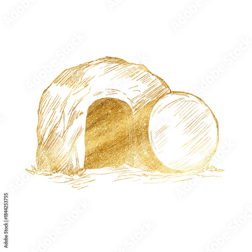 Photos Minimalist golden illustration empty tomb of Jesus Christ symbolizing resurrection, hope