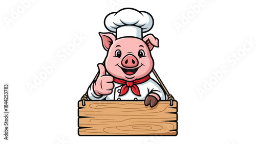 Happy Cartoon Chef Pig Giving Thumbs Up Next to Wooden Sign