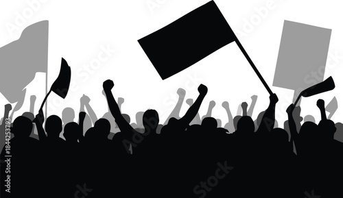 A silhouette of a crowd raising flags and arms in unified protest high quality