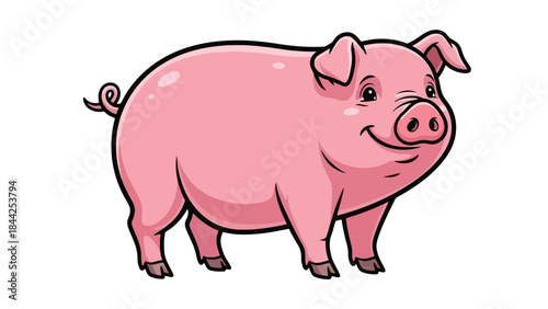 Charming Pink Pig Illustration with Curly Tail and Happy Face, Cartoon Style