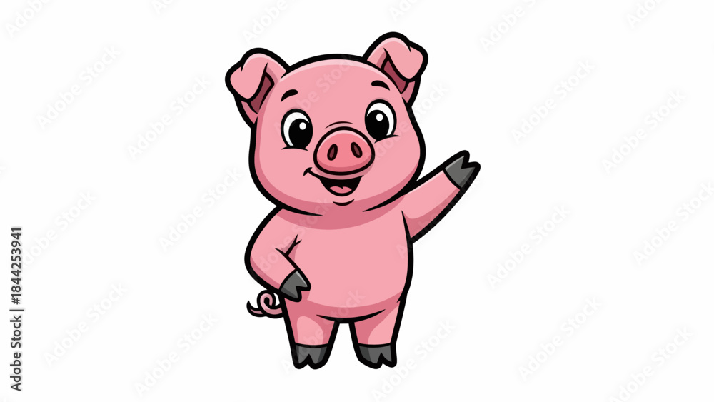 Fototapeta premium Cute Pink Pig Character Waving Hello with a Friendly Smile and Curly Tail