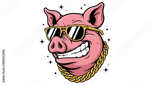 Cool Pig Wearing Sunglasses and Gold Chain, Vector Illustration with Sparkles