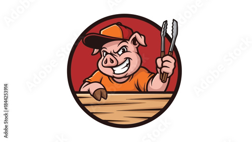 Cartoon Pig Chef with Tongs and Cap, Ready to Grill, Vector Illustration