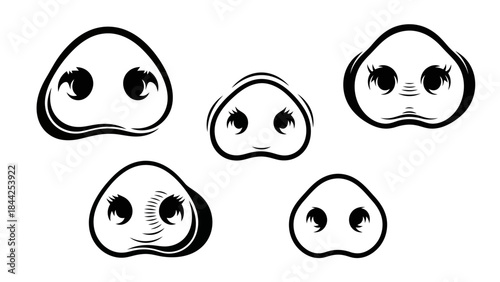 Set of Five Stylized Cartoon Noses in Black and White Vector Illustration
