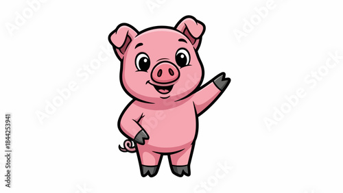 Cute Pink Pig Character Waving Hello with a Friendly Smile and Curly Tail