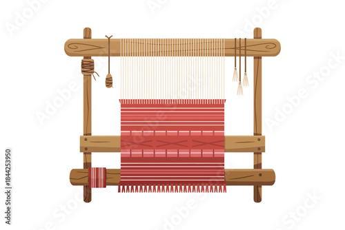 Traditional wooden loom with colorful woven fabric, symbolizing craftsmanship and heritage.