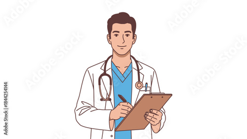 A professional male doctor wearing a white coat and stethoscope holds a clipboard and pen