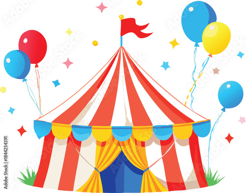a colorful circus tent with red and white stripes and bright balloons floating