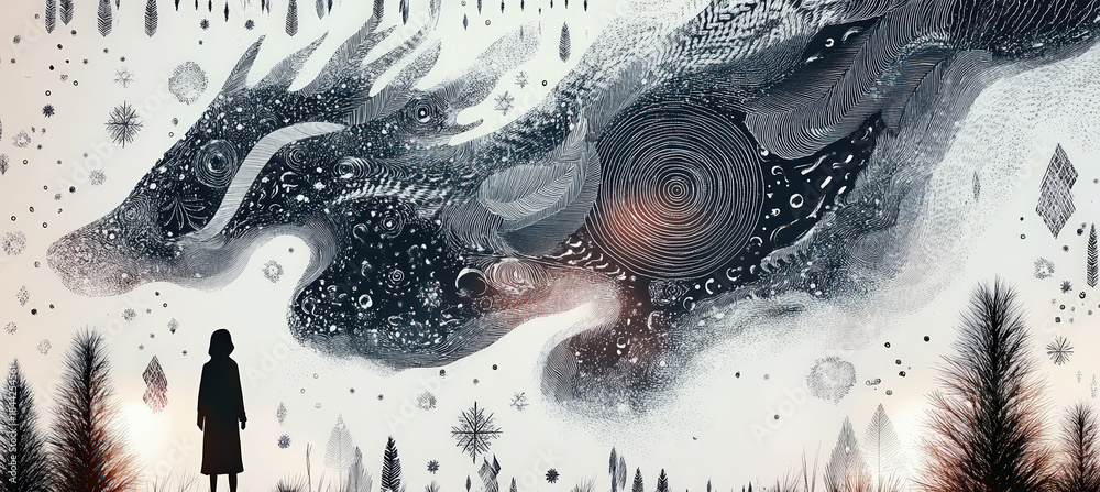 Obraz premium A lone figure walking beneath a swirling cosmic creature in a snowy valley, surrounded by drifting snow, glowing lights, and cold mist, forming a surreal winter scene filled with mystery and dreamlike