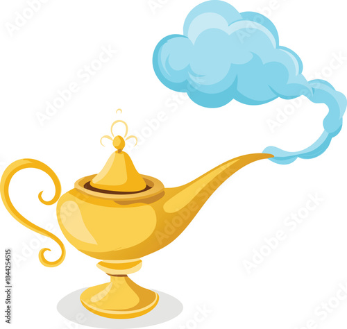 an illustration of a golden magic lamp with swirling blue smoke emanating from