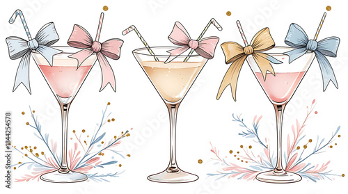  cocktails in pastel hues with shimmering ribbons bursting from the glasses, HD and 4k image